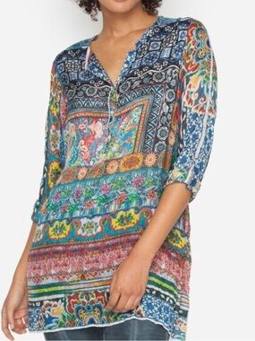 Johnny Was Silk Tunic beautiful mix of colors 1/4 button XL